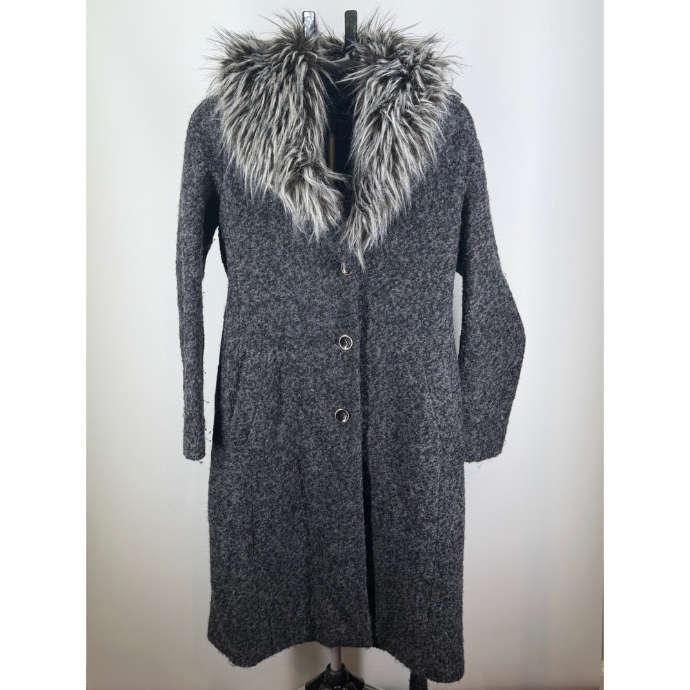 Ivanka Trump Grey Wool Blend Boucle Coat Faux Fur Collar Belted Size 6